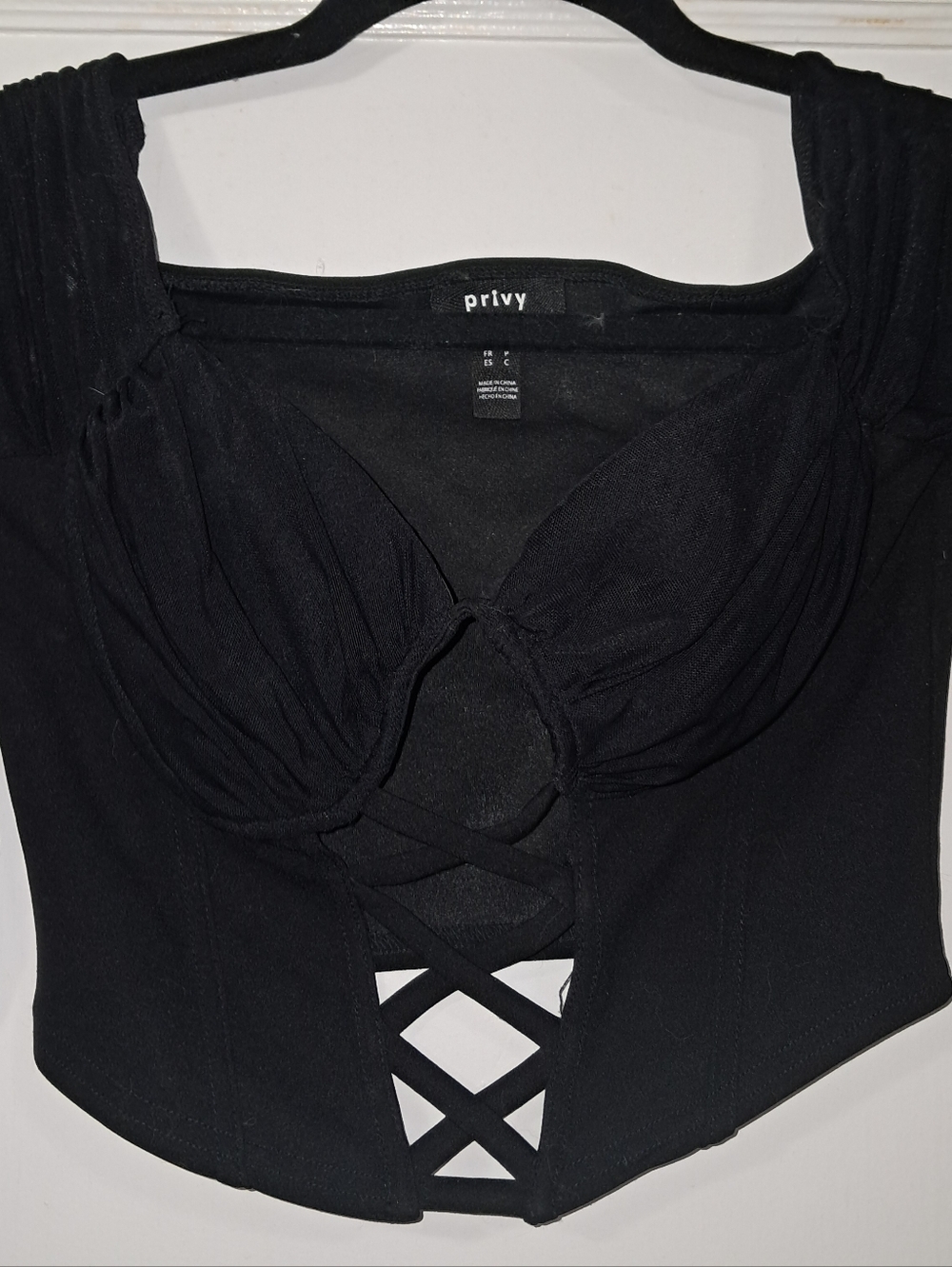Privy Black Lace-Up Cropped Bustier Top with Runched Mesh Sleeves Sz Small | EUC - Picture 3 of 7